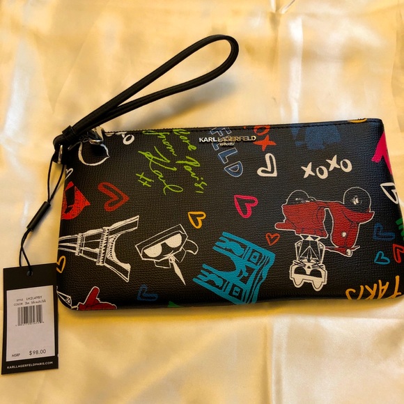 Karl Lagerfeld Paris Black & Multicolored Paris Icons Wristlet NWT - Picture 1 of 9
